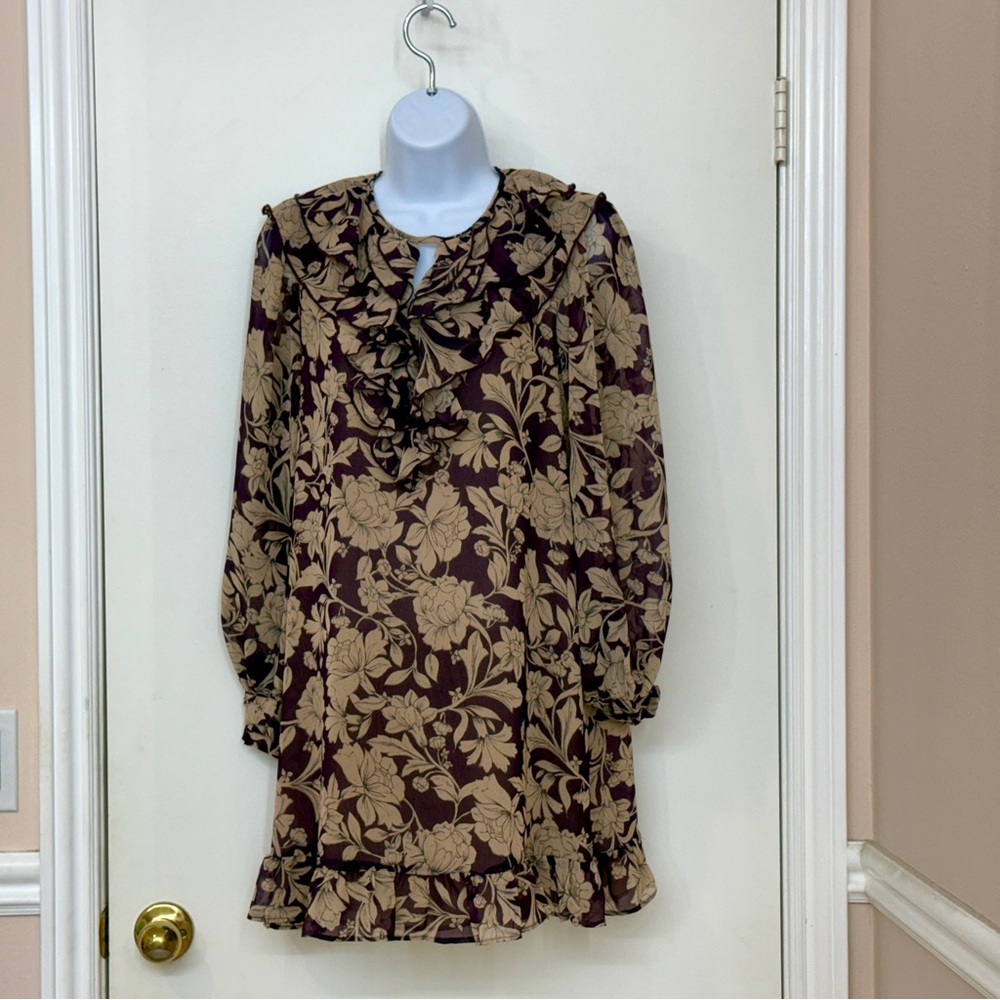 ZARA Women Purple Floral Mini Dress, long sleeve, ruffle hem, Size XS